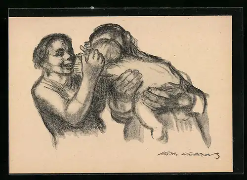 Künstler-AK Käthe Kollwitz: Kohlezeichnung einer jungen Familie