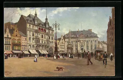 Künstler-AK Bonn, Der Marktplatz mit Denkmal und Rathaus