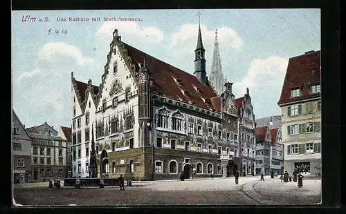 AK Ulm a. D., Das Rathaus mit Marktbrunnen