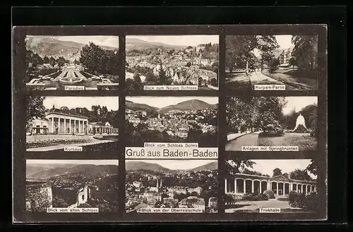 AK Baden-Baden, Blick zum neuen Schloss, Kurhaus und Kurpark, Anlagen mit Springbrunnen, Blick vom alten Schloss
