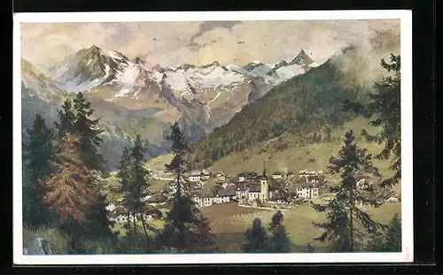 Künstler-AK Mallnitz, Ortsansicht mit Ankogel