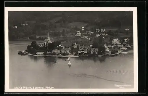 AK Maria Wörth, Seehotel Pirker und Gotteshaus, Fliegeraufnahme