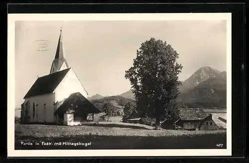 AK Faak, Motiv der Kirche mit Mittagskogel im Hintergrund