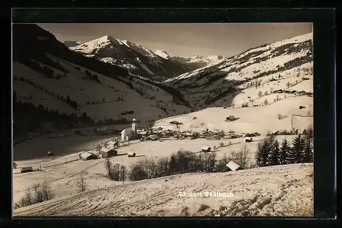 AK Saalbach, Verschneites Skidorf mit Kirche