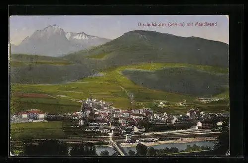 AK Bischofshofen, Ortspartie mit Fluss und Bahnhof, Mandlwand im Hintergrund