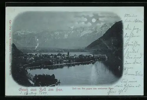 Mondschein-AK Zell am See, Teilansicht gegen das steinerne Meer