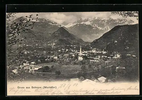 AK Schruns, Ortsansicht mit Bergpanorama