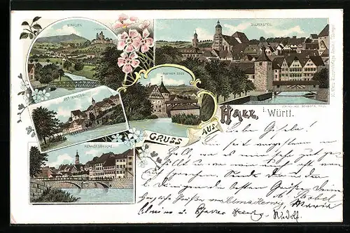 Lithographie Hall i. Württ., Comburg und Einkorn, Henkersbrücke, Kettensteg