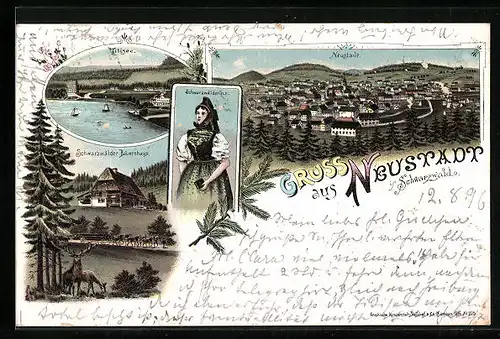 Lithographie Neustadt i. Schwarzwald, Schwarzwälder Bauernhaus, Titisee, Schwarzwälderin