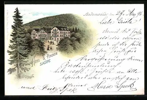 Lithographie Badenweiler, Hotel & Pension Saupe