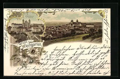 Lithographie Weingarten, Teilansicht, Klosterkirche und Kaserne