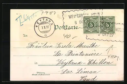 Lithographie Weingarten, Teilansicht, Klosterkirche und Kaserne