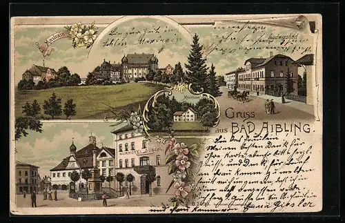 Lithographie Bad Aibling, Kurhotel Duschl, Ludwigsbad, Milchhäusl