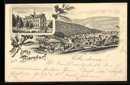 Lithographie Biersdorf, Teilansicht, Schulhaus