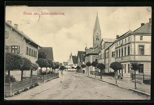 AK Schwabmünchen, Strassenpartie mit Turmspitze