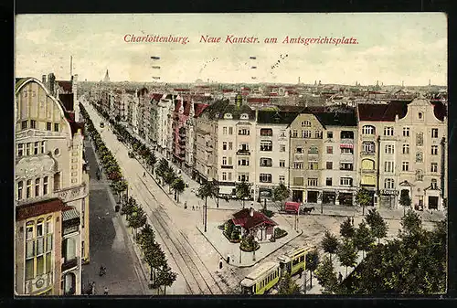 AK Berlin-Charlottenburg, Neue Kantstrasse am Amtsgerichtsplatz mit Geschäften und Strassenbahn