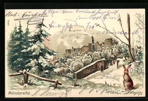 Präge-Winter-Lithographie Münstereifel, Burgruine mit einem Hasen