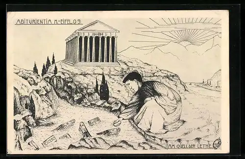 Künstler-AK Bad Münstereifel, Abiturientia 1909, Student am Quell der Lehte
