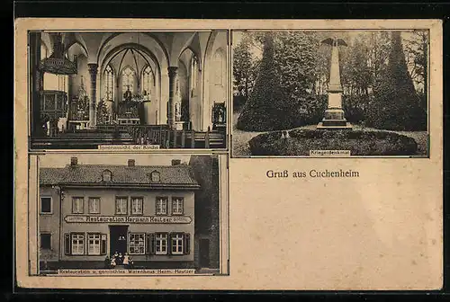 AK Kuchenheim, Restaurant und gemischtes Warenhaus Hermann Hautzer, Innenansicht der Kirche, Kriegerdenkmal