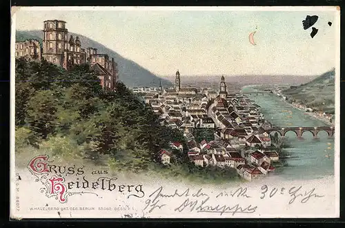 Lithographie Heidelberg, Teilansicht mit Brücke bei Mondschein, Halt gegen das Licht