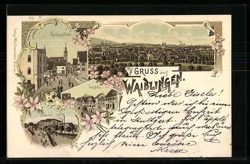 Lithographie Waiblingen, Rathaus-Platz, Postplatz, Bahnhof