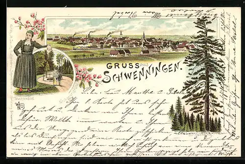 Vorläufer-Lithographie Schwenningen, 1895, Teilansicht, Der Hölzlekönig, Neckarursprung und Frau in Tracht