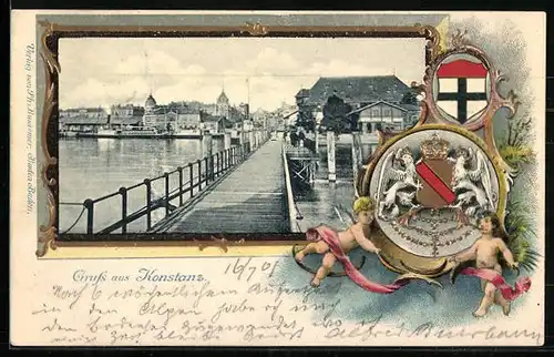 Passepartout-Lithographie Konstanz, Uferpartie mit Brücke, Wappen