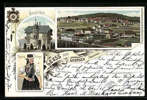 Lithographie St. Georgen /Schwarzwald, Teilansicht, Gewerbe-Halle, Volkstracht von St. Georgen
