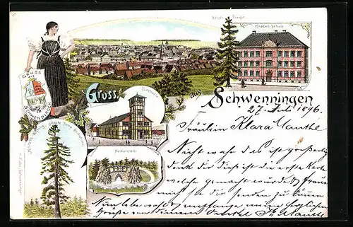 Lithographie Schwenningen, Knaben-Schule, Turnhalle, Hölzle-König