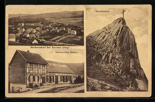 AK Herkersdorf bei Kirchen /Sieg, Gesamtansicht, Gasthaus Restauration Baldus, Druidenstein