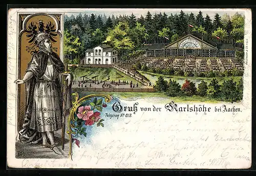 Lithographie Aachen, Gasthaus Karlshöhe aus der Vogelschau, Karl der Grosse