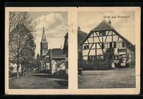AK Hirzbach, Strassenpartie mit Kirche, Bäckerei