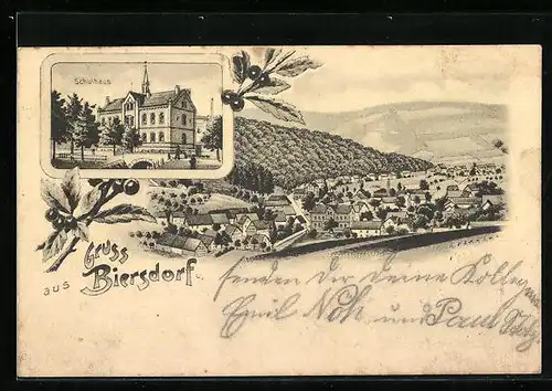 Lithographie Biersdorf, Ortsansicht und Schulhaus