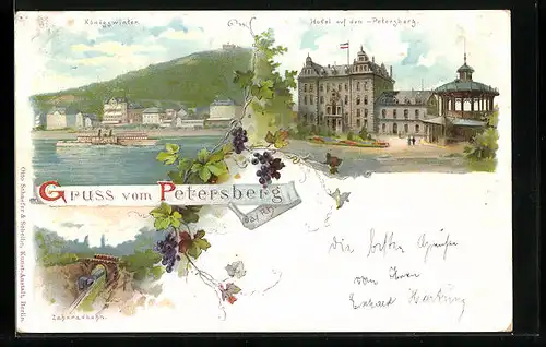 Lithographie Königswinter, Ortsansicht, Hotel auf dem Petersberg, Zahnradbahn, Private Stadtpost Hansa Dresden