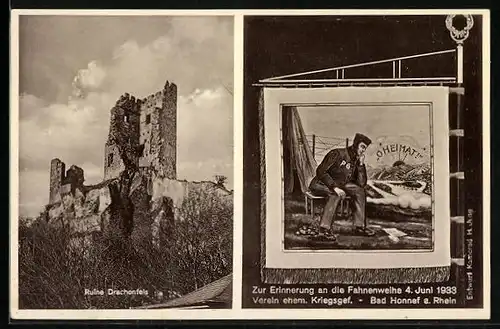 AK Bad Honnef /Rh., Kriegsgefangener, Ruine Drachenfels, Fahnenweihe 1933 des Vereins ehem. Kriegsgefangener