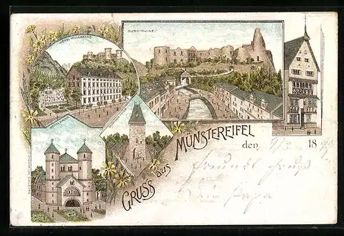 Lithographie Münstereifel, Hotel Hillebrand, Burgruine, Stifts-Kirche