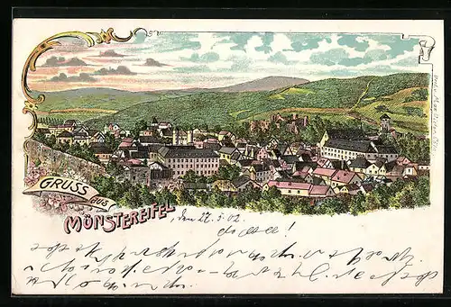 Lithographie Münstereifel, Ortsansicht mit Umgebung aus der Vogelschau