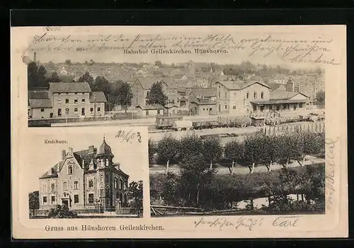 AK Geilenkirchen-Hünshoven, Bahnhof mit Ortsblick aus der Vogelschau, Kreishaus
