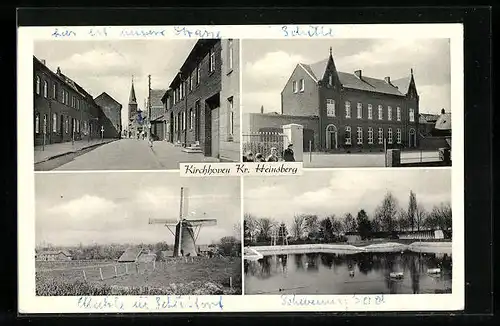 AK Kirchhoven /Kr. Heinsberg, Strassenpartie mit Kirche, Windmühle
