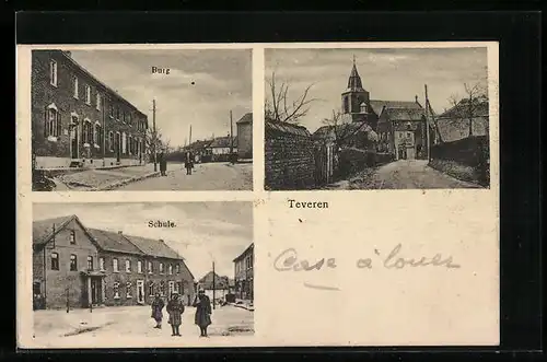 AK Teveren, Strassenpartie mit Kirche, Burg und Schule