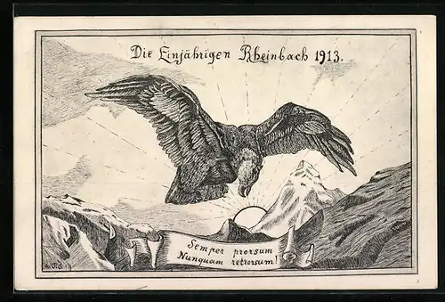 Künstler-AK Rheinbach, Die Einjährigen 1913, Adler vor Sonne im Gebirge