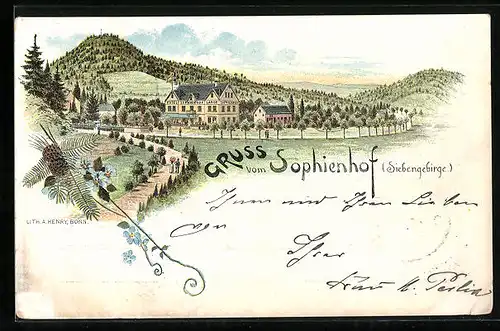 Lithographie Königswinter, Gasthaus Sophienhof im Siebengebirge mit Umgebung