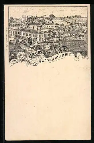 Lithographie Cornelimünster, Ortsansicht aus der Vogelschau