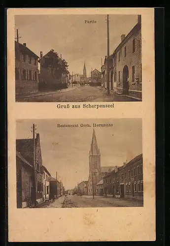AK Scherpenseel, Strassenpartien mit Kirche und Restaurant Gerh. Hermanns