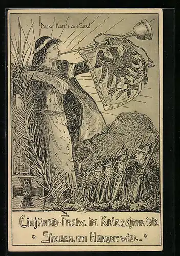 Künstler-AK Singen /Hohentwiel, Einjährig-Freiw. im Kriegsjahr 1915, Krieger mit Trompete und Reichsadler-Standarte