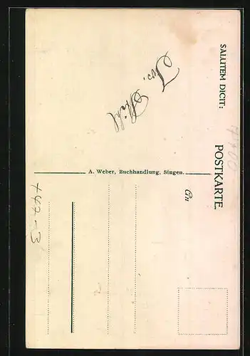 Künstler-AK Singen /Hohentwiel, Einjährig-Freiw. im Kriegsjahr 1915, Krieger mit Trompete und Reichsadler-Standarte
