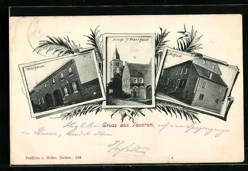 AK Teveren, Posthaus, Kirche mit Pfarrhaus, Schule