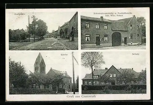 AK Grotenrath, Dorfpartie, Kirche, Schule, Kolonialwarenhandlung Peters