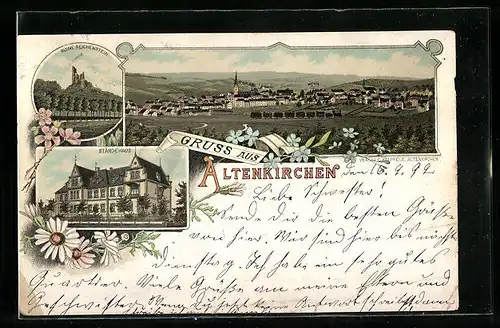 Lithographie Altenkirchen, Gesamtansicht mit Ruine Reichenstein, Ständehaus