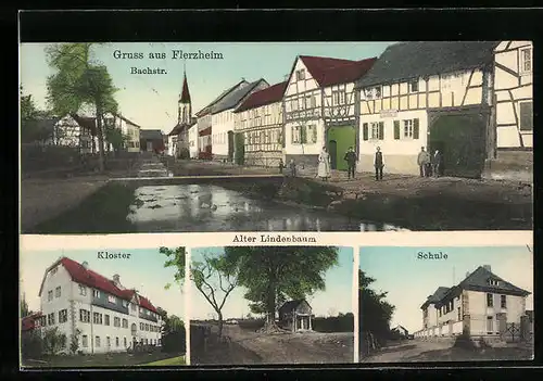 AK Flerzheim, Bachstrasse, Kloster, Schule, Alter Lindenbaum